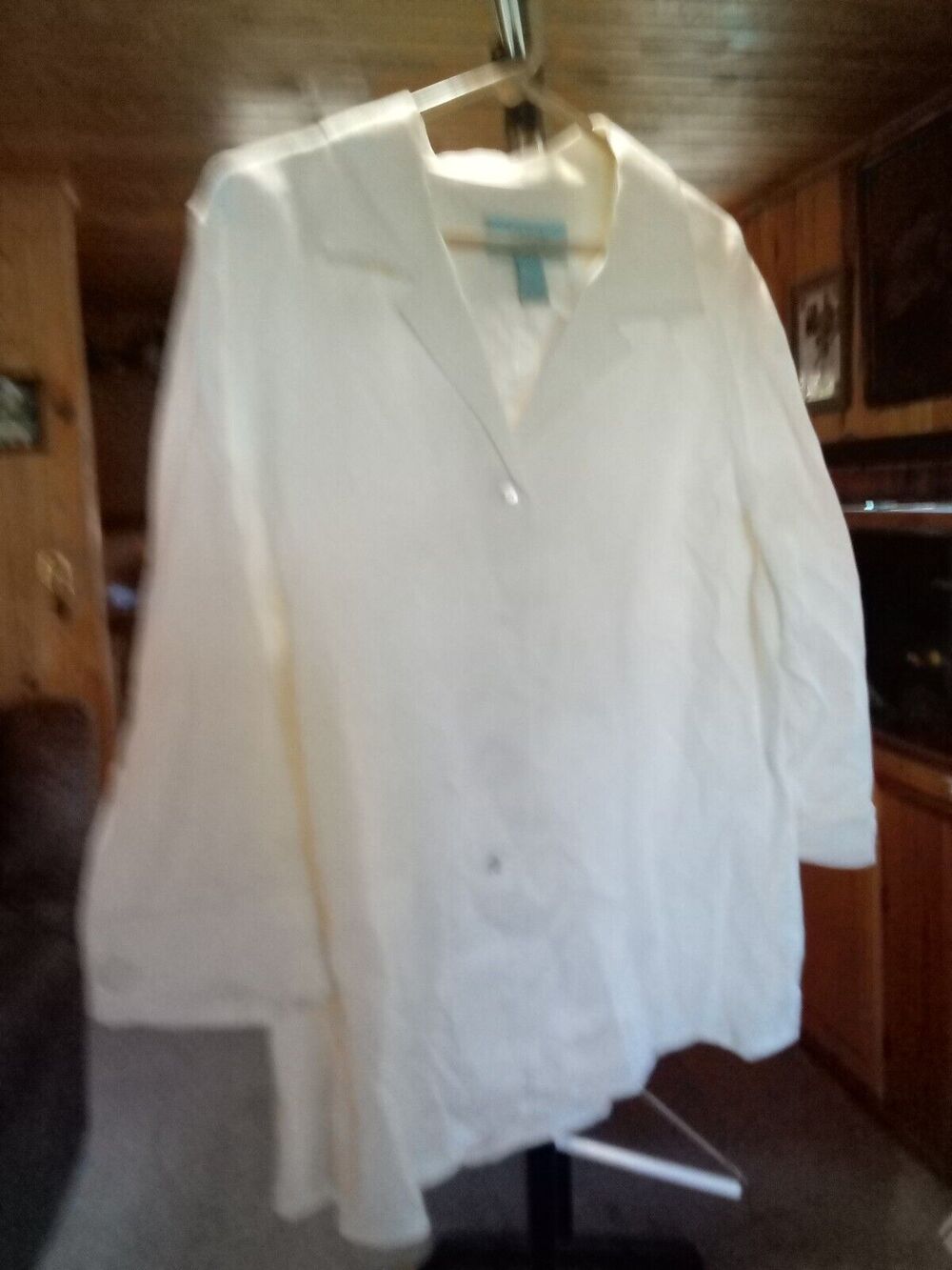 Orvis River Road Womens Ivory Blazer/Blouse XL Linen 3/4 Sleeve Button Up